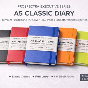 Peut inclure: Plusieurs agendas A5 Classic de couleurs variées : noir, rouge, bleu, orange et vert. Chaque agenda a une couverture rigide en PU, 160 pages et une fermeture élastique. Le texte sur les agendas indique "A5 Classic Diary".