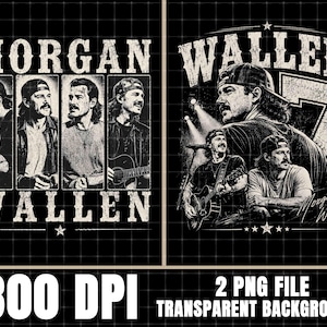 Op de afbeelding: Zwart-wit grafische afbeelding met de naam "MORGAN WALLEN" in een vette, verweerde letter. Het ontwerp bevat meerdere afbeeldingen van de artiest, een grote "7" en de tekst "300 DPI" en "2 PNG FILE TRANSPARENT BACKGROUND".