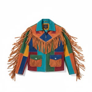 Colorblock Suede Fringe Jacket - Vintage Western Patchwork Coat