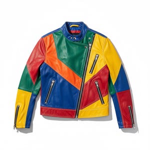 May include: A colorful leather jacket with a patchwork design. The jacket features panels of red, green, orange, blue, and yellow. It has a classic biker jacket style with a zipper closure and multiple pockets. The collar is a vibrant blue.