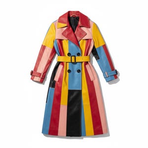Gabardina de cuero con retazos para mujer, chaqueta larga estilo retro con bloques de color.
