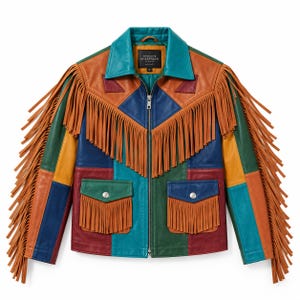 May include: A multi-colored leather jacket featuring long tan fringe along the sleeves and chest. The jacket is constructed from panels of teal, orange, blue, green, and maroon leather. It includes a front zipper, two flap pockets, and a collar.
