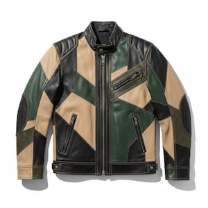 Chaqueta de cuero estilo motero para hombre con estampado geométrico y patchwork.