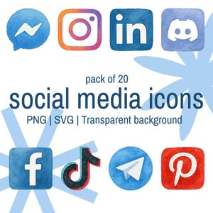 May include: Watercolor-style social media icons in various colors, including blue, orange, and red. The image features logos for Facebook, Instagram, LinkedIn, Discord, TikTok, Telegram, and Pinterest. Text reads "pack of 20 social media icons".