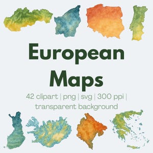Pode incluir: Uma coleção de mapas de países europeus em estilo aguarela em vários tons de verde, azul e laranja. O texto diz European Maps, 42 clipart | png | svg | 300 ppi | transparent background. Os mapas estão dispostos em torno do texto central.
