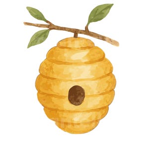 Pode incluir: Uma ilustração em aguarela de uma colmeia amarelo-dourada pendurada num ramo de árvore castanho com três folhas verdes. A colmeia tem uma forma arredondada e em camadas com um único orifício de entrada circular castanho-escuro.