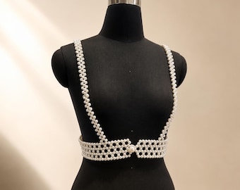 Parellichaamketting, geweven imitatieparelharnas voor bruiloft, festival en avondje uit, laagjes