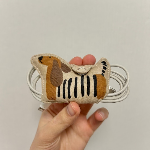 Dachshund Cord Organizer – Linen Earbud Holder, Dog Headphone Wrap, Tech Accessory