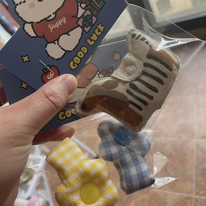 Puede incluir: Una bolsa de pl&aacute;stico transparente contiene un zapato a rayas beige y marr&oacute;n, una flor de cuadros amarillos y una flor de cuadros azules y blancos. Tambi&eacute;n se ve una tarjeta azul con un cachorro de dibujos animados con un gorro de Pap&aacute; Noel y las palabras "Good Luck".