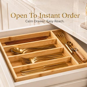 May include: A light-colored bamboo drawer organizer with multiple compartments containing gold-toned flatware, chopsticks, a whisk, and a bottle opener. The text "Open To Instant Order" and "Calm Drawer. Easy Reach." is visible above the drawer.