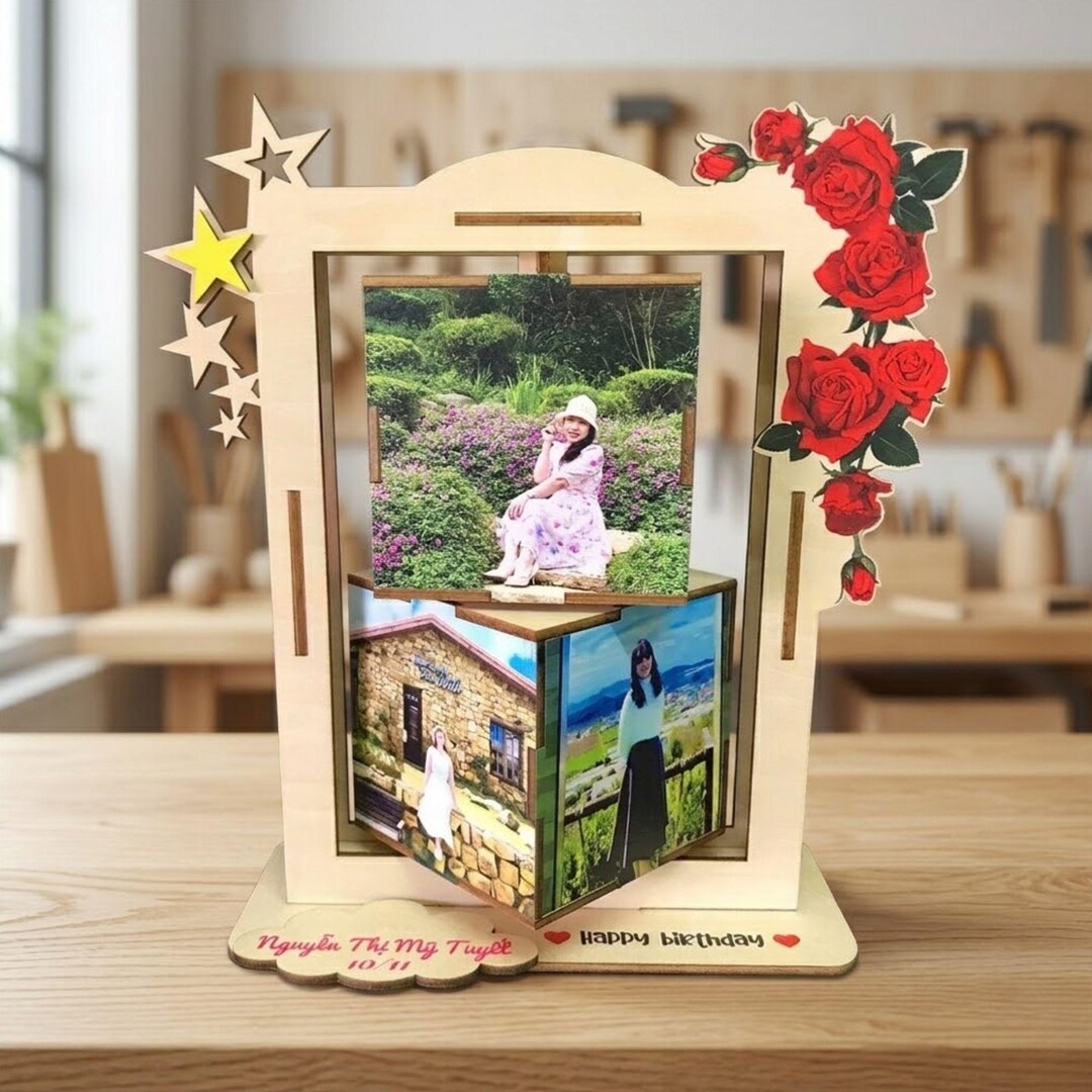 Personalized Rotating Wooden Photo Frame, 360 Flip Photo Box, Custom ...