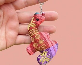 Handmade Brocade Animal Keychain, Cute Ethnic Fabric Bag Charm, Colorful Tribal Plush Key Ring for Backpack Purse Gift