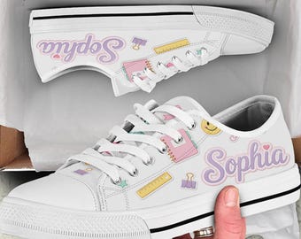 Personalized Back to School Sneakers for Girls, Custom Name High Top Shoes, Preppy School Supply Shoes, Cute Student Gift, Low Top Shoes