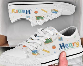Personalized Back to School Sneakers for Boys, Custom Name High Top Shoes, Cute School Supply Shoes, Student or Teacher Gift, Low Top Shoes