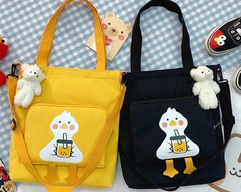 Cute Duck Milk Tea Canvas Tote Bag, Ulzzang Style Shoulder Bag, Kawaii Student Book Bag for School Shopping Everyday Use