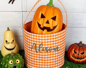 Personalized Halloween Gingham Bucket Bag, Embroidered Name Trick or Treat Basket, Round Fabric Candy Tote for Kids Gift