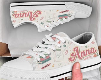 Personalized School Sneakers, Custom Name Girls High Top Shoes, Preppy Back to School Shoes, Student or Teacher Gift, Girls Low Top Shoes