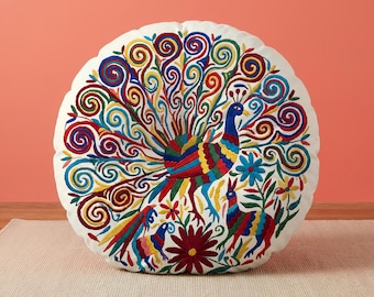 Tufted Floor Pillow | Round Colorful Eclectic Boho Folk Art Floor Pillow Cushion, Maximalist Home Decor
