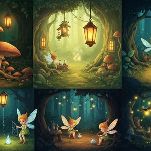 Könnte beinhalten: Eine digitale Illustrationscollage mit sechs Szenen von Feen in einem Wald. Die Bilder zeigen ein Pilzhaus, leuchtende Laternen, Glühwürmchen und kleine geflügelte Figuren, die in einer dunklen, bewaldeten Umgebung mit magischen Elementen interagieren.