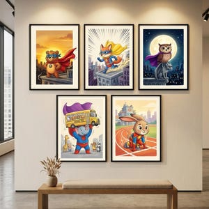 May include: A set of framed art prints depicting cartoon animals as superheroes. The prints show a bear, fox, owl, elephant, and rabbit, each with a unique costume and setting. The artwork is displayed on a white wall above a wooden bench.