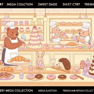 Pode incluir: Ilustração de uma padaria com animais de desenho animado, incluindo ursos e um coelho, preparando e exibindo produtos de panificação. Bolos, donuts e doces são apresentados. A imagem inclui o texto "SWEET BAKERY MEGA COLLECTION".