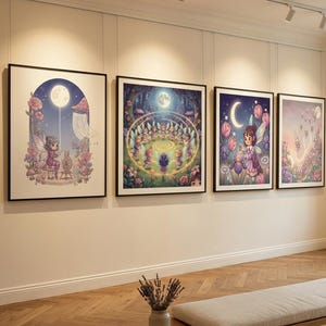 May include: Four framed art prints featuring whimsical fairy illustrations. Each print showcases a different scene with fairies, moons, and floral elements in vibrant colors. The prints are displayed on a white wall above a wooden bench.