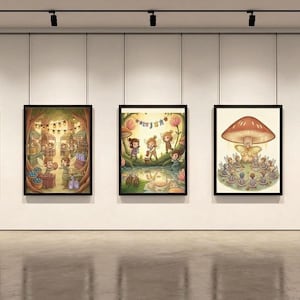 May include: Five framed art prints displayed in a gallery setting. Each print features a whimsical illustration with a fantasy theme, including mushrooms, woodland creatures, and colorful scenes. The frames are black, and the gallery has a modern design.