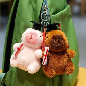 May include: Two plush graduation-themed keychains. One is light pink, the other is brown. Both wear black mortarboards with red tassels and hold miniature diplomas tied with red ribbons. The keychains are attached to a green backpack.