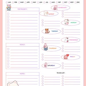 May include: A pink and white monthly planner with the title "Monthly Planner" in a gradient purple and orange font. The planner includes sections for top priorities, goals, notes, schedules, and a to-do list, with cute animal illustrations.
