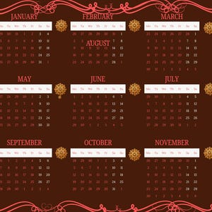 May include: A 2026 calendar with a brown background and a decorative pink border. The year 2026 is displayed vertically in pink. Each month is shown with a white header and brown dates. Gold floral accents are placed throughout the design.