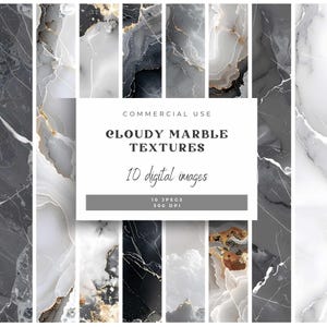 Può includere: Una collezione di dieci immagini digitali con texture di marmo nuvoloso in tonalità di grigio, nero, bianco e oro. Le immagini sono visualizzate in pannelli verticali. Il testo sull'immagine recita "Cloudy Marble Textures" e "Commercial Use."