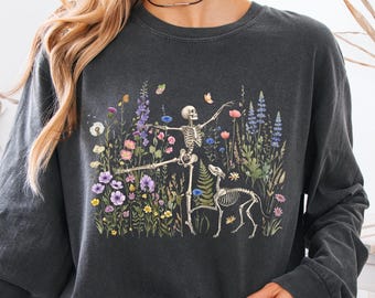 Spooky Dog Skeleton Dancing  Wildflower Long Sleeve Shirt, Comfort Colors Cottagecore Floral Sweatshirt, Botanical Pet Lover Sweatshirt
