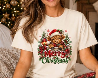 Highland Cow Christmas Shirt, Comfort Colors® Retro Patchwork Cow Tees, Western Christmas Top, Crochet Style Holiday Shirt, Howdy Xmas Gift