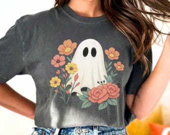 Painting Halloween Wildflower Ghost Tshirt Comfort Colors® Floral Ghost Shirt, Spooky Season Tee, Cute Halloween Party Outfit
