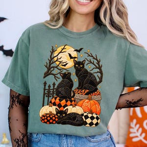 Black Cat Halloween Kinusaiga Pattern Shirt, Comfort Colors Halloween Cat Shirt, Patchwork Pumpkin Shirt, Quilted Halloween Gothic Cat Tee