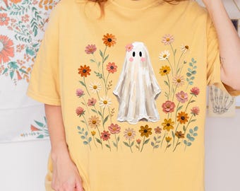 Comfort Colors® Cute Fancy Ghost in Wildflowers Shirt, Spooky Fall Aesthetic Halloween Floral Tee, Retro October Tshirt, Cozy Ghostcore Gift