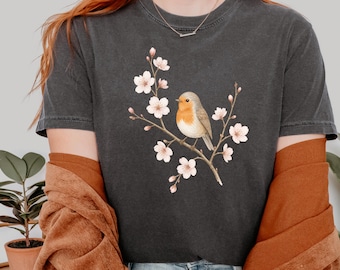 Bird and Cherry Blossoms Comfort Colors Shirt, Nature Bird Lover Shirt, Bird T-Shirt, Cherry Blossoms Shirt