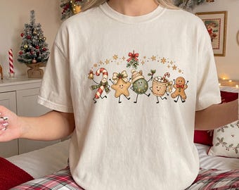 Cute Christmas Shirt, Comfort Colors®  Doodle Xmas Sublimation Design Tee, Trendy Christmas Shirt, Holiday Coffee Gingerbread Shirt