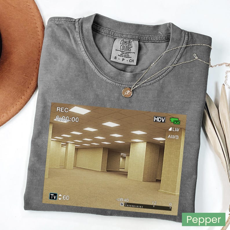 May include: A charcoal gray crew neck t-shirt featuring a graphic print of a yellow-toned, empty office hallway with a digital camera recording interface overlay. The shirt has a Comfort Colors brand label at the neck and a small gold pendant necklace.