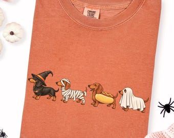 Vintage Halloween Dachshund Costumes Comfort Colors® Shirt, Spooky Wiener Dog Graphic Shirt, Gift For Dachshund Lovers, Wiener Long Sleeve