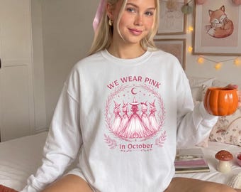 October We Wear Pink Sweatshirt, Halloween Breast Cancer Awareness Sweatshirt, Halloween Witches Pink Month Sweatshirt, Pink Witch Hoodie