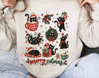 Christmas Cat Sweatshirt, Catmas Meow Christmas Tree Light, Its Fine Holiday Sweater, Funny Kitty Black Cat Xmas Crewneck Festive  Gift