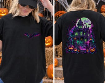 Neon Color Halloween Haunted House Shirt, Front Back Comfort Colors® Gothic Bat Shirt, Victorian Mansion Shirt, Spooky Halloween Shirt
