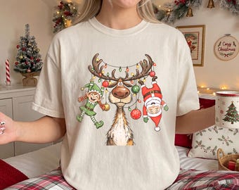 Reindeer Christmas Comfort Colors Shirt,  Funny Santa Tshirt, Festive Elf Shirt, Merry Christmas Long Sleeve, Cute Xmas Gift