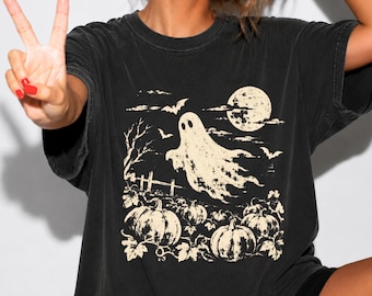 Vintage Pumpkin Patch Tshirt, Comfort Colors® Distressed Spooky Ghost with Bats Shirt, Retro Halloween Design, Spooky Season Shirt