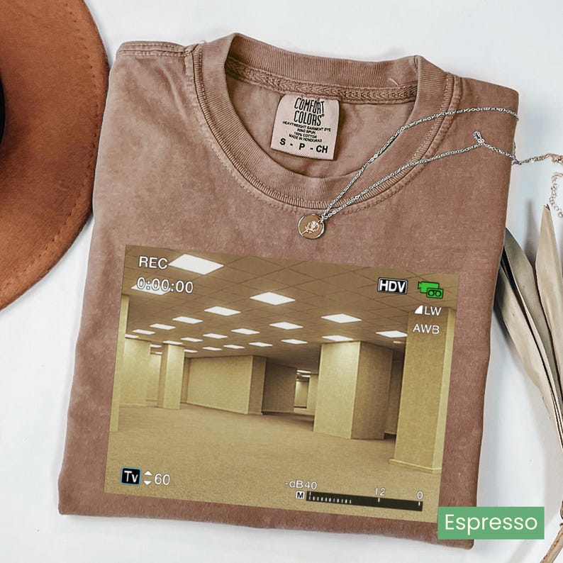 May include: A brown short-sleeve t-shirt featuring a graphic print of a yellow-toned empty office hallway with camera recording interface text including REC, 0:00:00, HDV, Tv 60, and dB 40. The shirt has a Comfort Colors brand label at the inner neckline.