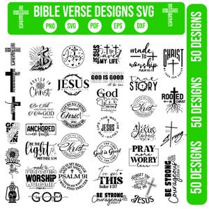 Könnte beinhalten: Eine Sammlung von 50 Bibelvers-Designs in den Formaten SVG, PNG, PDF, EPS und DXF. Die Designs zeigen verschiedene christliche Zitate und Phrasen, darunter "Jesus", "Gott ist gut" und "Sei stark". Die Designs sind in Schwarz und Weiß.