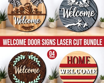 Willkommen in unserem Haus Floral Türhänger SVG | Geschichtetes rundes Zeichen Laser Cut File | 3D Garten Floral Glowforge Dateien