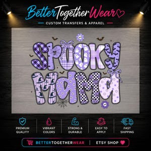May include: A graphic design featuring the purple and white text SPOOKY MAMA with various patterns including plaid, ghosts, bats, pumpkins, and witch hats. The design includes small spider webs, flowers, and bows on a gray wood grain background.