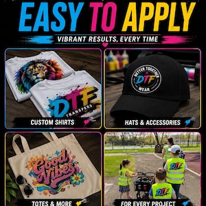 May include: Promotional image for DTF Transfers, showcasing custom apparel and accessories. Includes examples of custom shirts, hats, and tote bags. The image highlights the ease of application and vibrant color of the transfers.